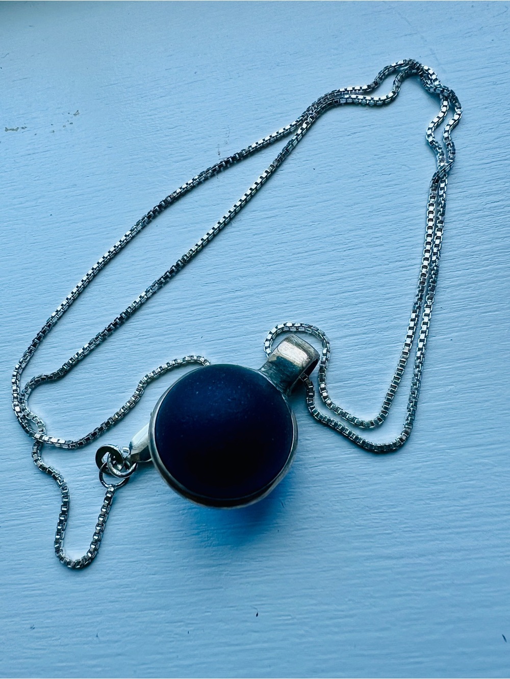 Blue Lake Erie Seaglass Marble on Sterling Silver chain
